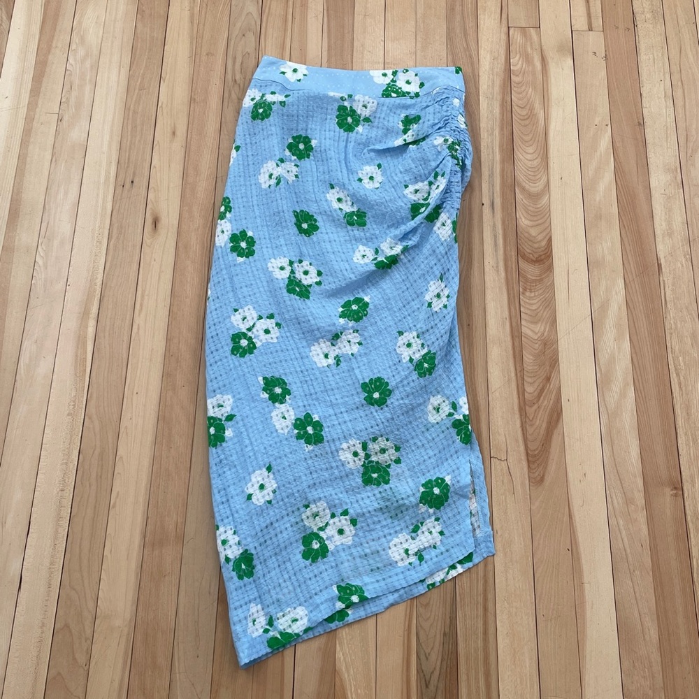 Smythe Mid-Rise Fitted Asymmetrical Ruched Flower Print Midi Skirt - Sz 0 (25) - Picture 2 of 15
